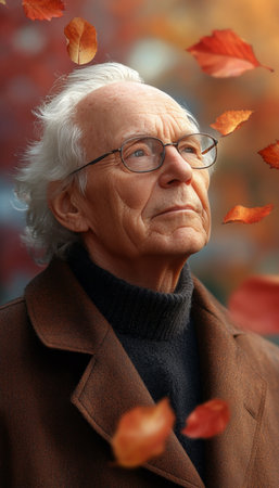 Golden Years, Autumn Reflections A Thoughtful Senior Contemplates Life Amidst Falling Leavesの素材