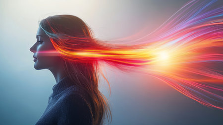 Creative Flow. Profile of a Young Woman with Flowing Streaks of Vibrant Light, Artistic Photography.の素材