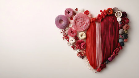 Heart of Crafts Embroidery Threads, Buttons, and Fabric Scraps Arranged in a Romantic Symbolの素材