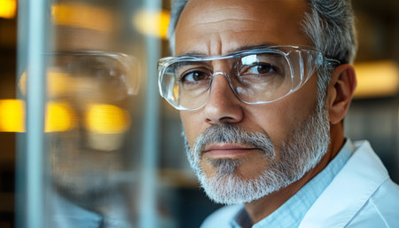 Serious Male Scientist in Lab Coat and Safety Glasses Contemplates Research, Close Upの素材