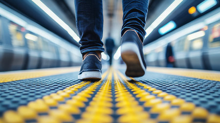 Urban Transit Journey Close-up of Walking Across Subway Platform Tactile Paving Detailの素材