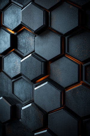 Dark Metallic Hexagon Pattern Background, Abstract Textured Design With Orange Highlightsの素材
