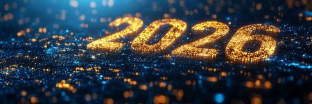 Abstract Vibrant Background with Golden Glowing Particles Forming Luminous Shape of Number 2026.の素材