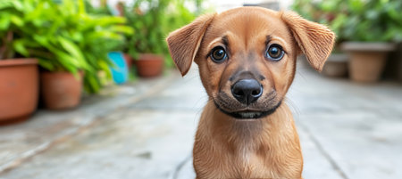 Adorable Puppy With a Sweet Expression A Close-Up Portrait of a Brown Puppy Outdoorsの素材