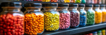 Rainbow Colored Pills and Supplements Organized on a Shelf in a Pharmacy or Research Laboratoryの素材