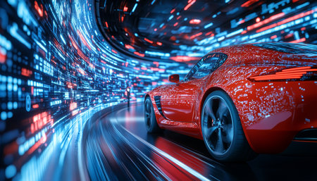 Red Sports Car Racing Through Futuristic City, Digital Data Stream, Motion Blur, Technologyの素材