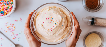 Hands Holding Bowl of Cake Batter with Sprinkles, Baking Preparation on a Bright Kitchen Counterの素材