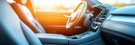 Luxury Car Interior Leather Seats, High-Tech Dashboard, and Warm Lighting Bokeh Effectの素材
