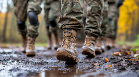 Military Mud March Soldiers in Formation Navigate Challenging Forest Terrain, Camo Boots Close Upの素材