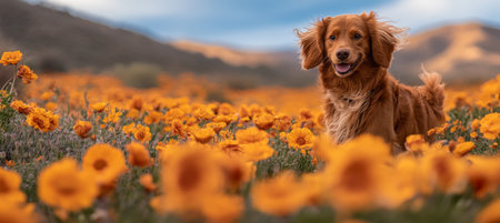 Golden Retriever Dog Running Through A Field Of Orange Poppy Flowers During Spring On Cloudy Dayの素材