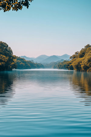 Serene Lake Oasis with Majestic Mountain Landscape, Tranquil Waters, and Soft Mist on a Sunny Dayの素材