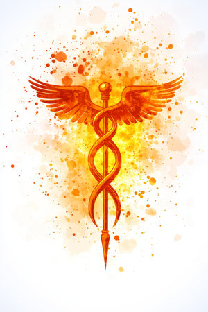 Fiery Caduceus Symbol of Healing and Medicine With Artistic Abstract Background and Copy Spaceの素材