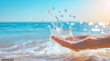 Refreshment in the Palm of your Hand Sparkling water droplets splashing on a sunny beach.の素材