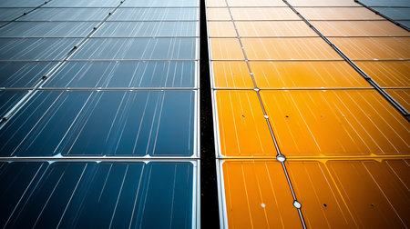 Blue and Orange Solar Panels Renewable Energy Contrast and Sustainable Power Generationの素材