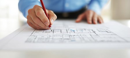 Architect Hands Drafting Blueprints, Construction Design and Planning, Professional Stock Photoの素材