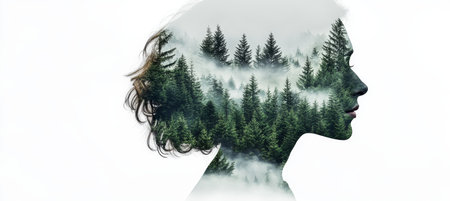 Woman Merging With Nature, Double Exposure Portrait With Forest, Conceptual Image Of Harmonyの素材