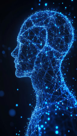 Human Brain Network Connections Networked Head and Body With Data Flow, Blue Technology Backgroundの素材