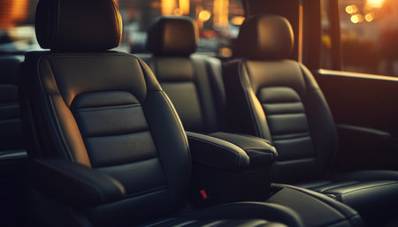 Luxurious Travel Interior of a Modern Car with Black Leather Seats and Warm Evening Lightの素材