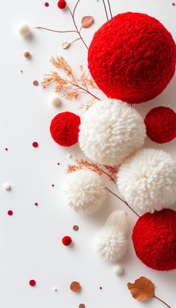 Red And White Fluffy Pompoms Festive Background With Copy Space For Festive Greeting Messageの素材