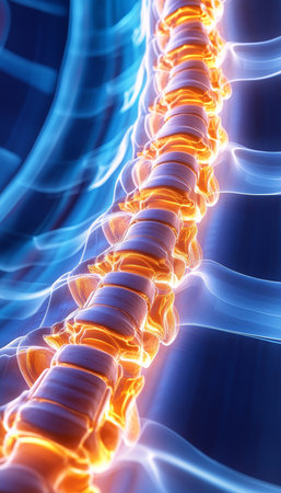 Glowing Spine, Backbone, Spinal Column, Vertebrae, Human Anatomy, 3D Render, Medical Illustrationの素材