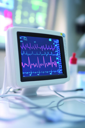 Modern Medical Monitor with Patient Vitals Fluctuating , Clinical Environment Background .の素材