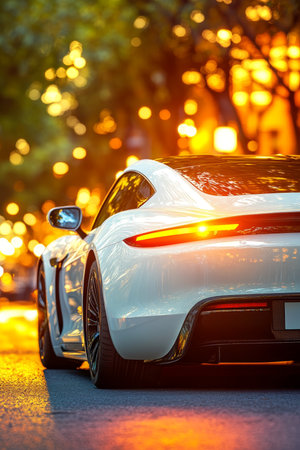White Electric Sports Car at Twilight, City Lights Reflections, Luxury Automotive, Urban Lifestyleの素材