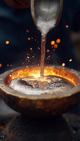 Molten Metal Pouring into Foundry Mold, Industrial Metal Casting Process in a Manufacturing Facilityの素材