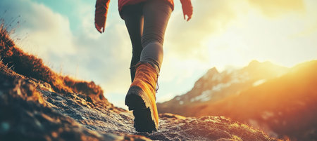 Woman Hiking Towards the Sunrise on a Mountain Trail Embracing the Adventure and Breathtaking Viewsの素材