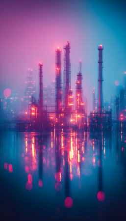 Industrial Reflections, Stunning Futuristic Manufacturing Landscape in Vibrant Neon Colors at Nightの素材