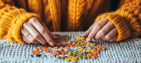 Close-Up Of Hands Assembling Puzzle Pieces On Cozy Knitted Blanket, Leisure Activity Conceptの素材