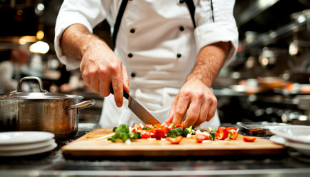Chef s hands chopping vibrant vegetables in a bright kitchen, boiling soup and spices nearbyの素材