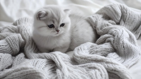 Adorable Silver Tabby Kitten Resting on Knitted Blanket Blanket, Ample Copy Space Providedの素材