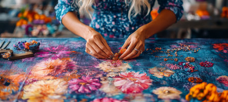 Close-Up View Artist s Hands Assembling Jewelry Display on a Colorfully Painted Workbenchの素材