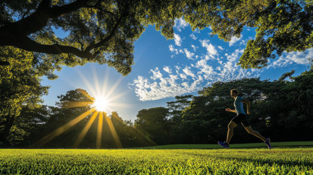 Man Running In Silhouette In A Beautiful Leafy Park With The Rising Sun Casting Long Shadows.の素材