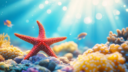 Vibrant Red Starfish on a Tropical Coral Reef with Sparkling Sunlight, Ocean Floor Sceneの素材