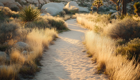 Golden Hour Trail Through American Southwest Desert Landscape, Nature Background With Copy Spaceの素材