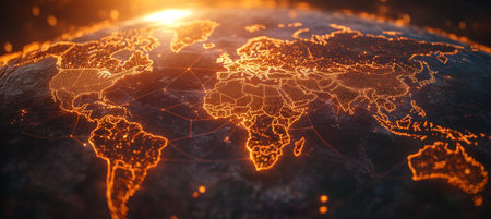 Glowing Global Network Illustrating Worldwide Connections, Data Flow, and Communicationの素材