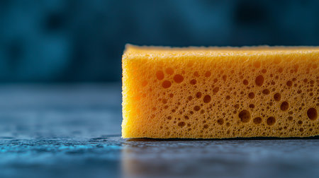 Close Up Details, Macro View of Cleaning Sponge Texture and Patterns, with a Blurry Sink Behindの素材