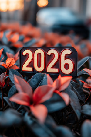 2026 New Year Celebration A Glowing Sign Nestled Among Festive Red Blooms and Deep Green Foliage.の素材