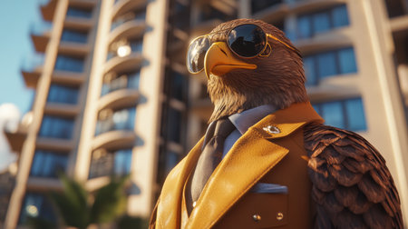 Eagle Executive Majestic Bird in Stylish Suit and Aviator Sunglasses, Urban Backgroundの素材