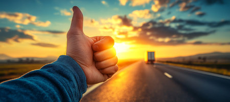 Sunset Road Trip Thumbs Up Signalling Success, Reaching Destination, Adventure, And Freedom.の素材
