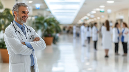 Portrait Of A Smiling Mature Doctor With Arms Crossed Standing In The Lobby Of A Modern Hospitalの素材