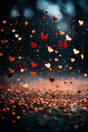 Bokeh Background, Glowing Glitter Surface, Magical Valentines Hearts Falling Down Rain Texture.の素材