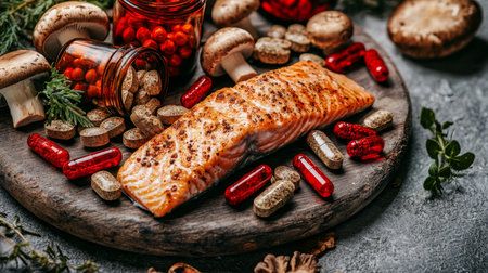 Grilled Salmon Fillet with Assorted Vitamins, Herbs, and Mushrooms A Healthy Eating Conceptの素材