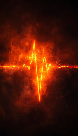 Glowing Stylized ECG Heartbeat Line on Dark Gradient Backdrop with Subtle Glow for Medical Designs.の素材