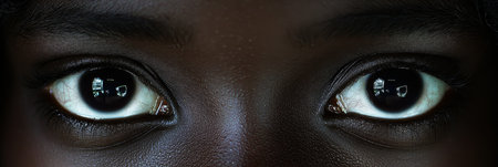 Intense Gaze Of A Young Boy, Detail Close-Up, Reflection In Eyes, Dark Skin Tone, Studio Shot.の素材