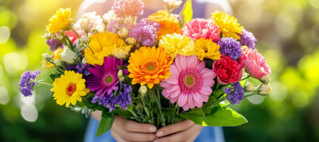 Young Girl Holds a Colorful Bouquet of Wildflowers in Sunlight, Celebrating the Beauty of Springの素材