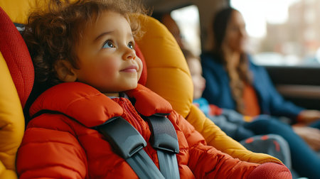Happy Toddler in Car Seat, Ready for Safe Family Road Trip, Childhood Adventures and Travel Funの素材