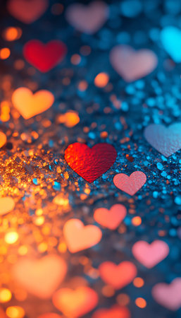 Romantic Bokeh Background With Red, Pink Hearts, And Copy Space On Gradient, Valentine s Day Conceptの素材