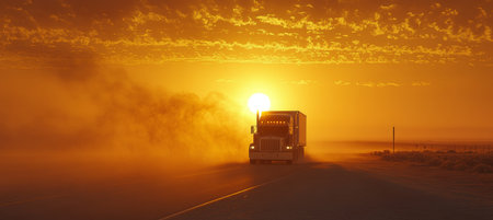 Golden Hour Freight Truck Navigates Dusty Open Highway at Sunset, Long Haul Transportation Sceneの素材